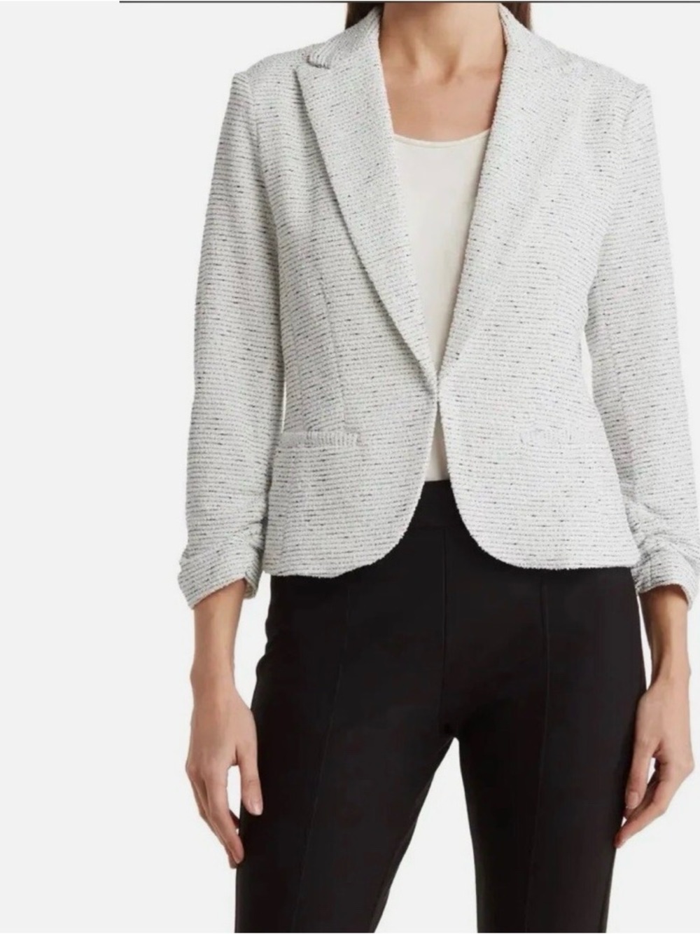 Amanda & Chelsea Scrunched Sleeve Textured Ponte Blazer White & Black, Medium